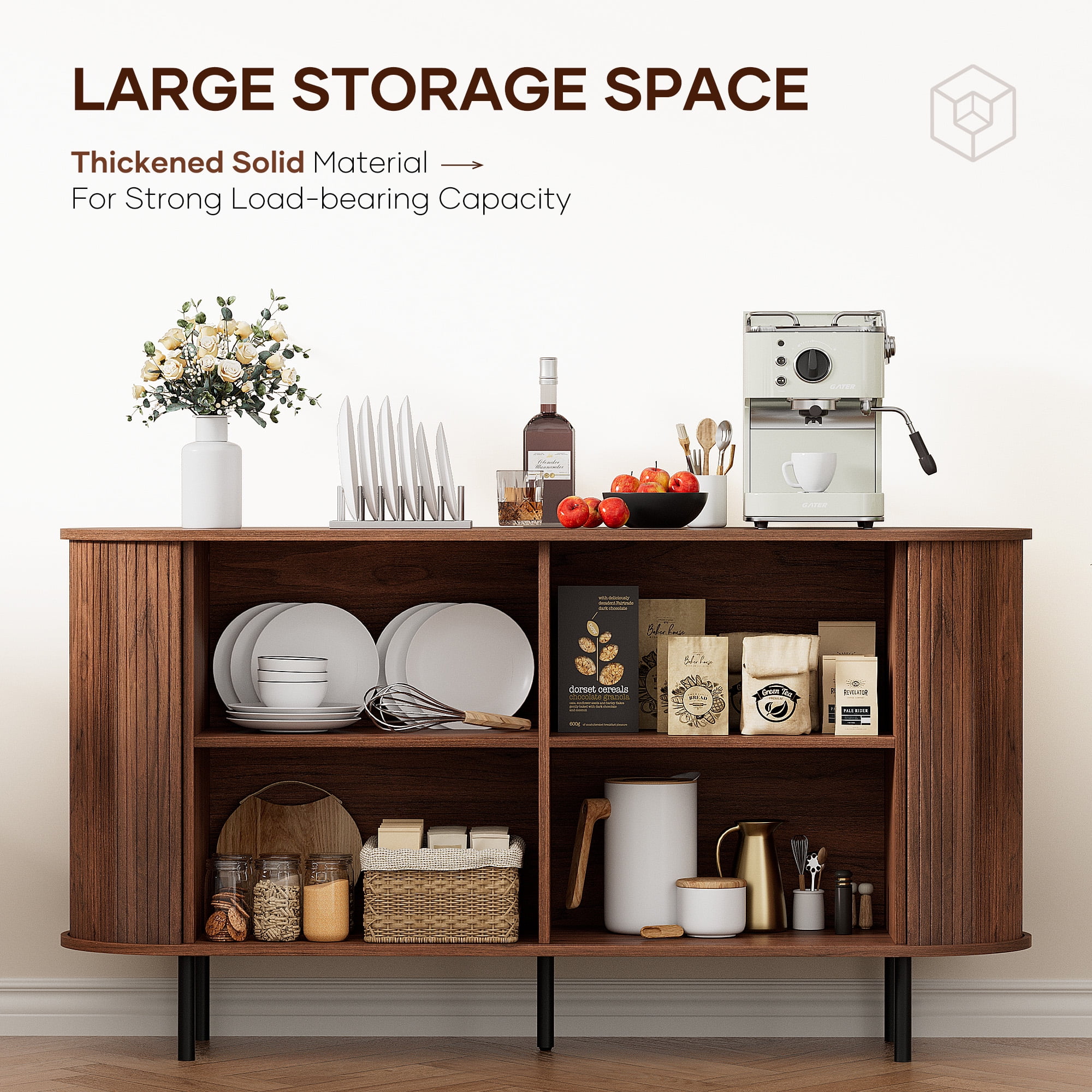 MARNUR Sideboard Buffet Cabinet 55" Storage Cabinet with 2 Sliding Tambour Doors, Adjustable Shelves for Kitchen Office Bedroom Hallway Entryway, Walnut