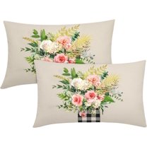 Floral Leaf Lumbar Pillow Covers 12x20 Inch Pink Flower Leaves Buffalo Plaid Vase Decorative Pillow Cases Spring Summer Seasonal Cushion Covers Farmhouse Home Decor For Porch Couch Outdoor Set of 2