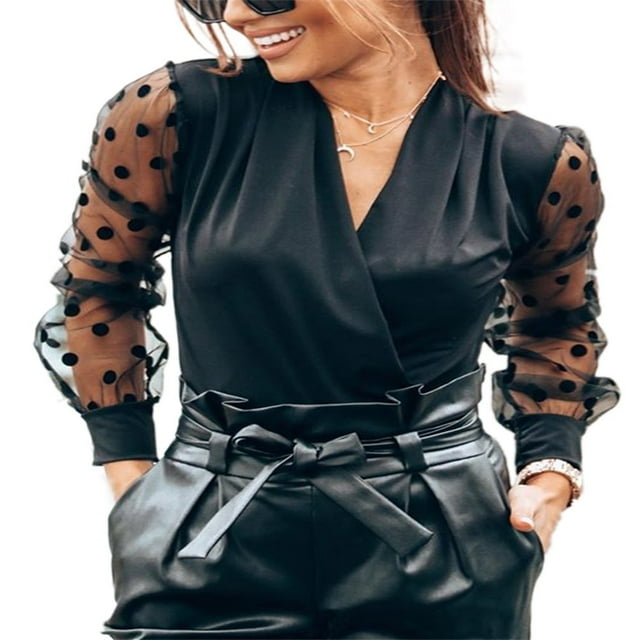 Women Mesh Puff Sheer Sleeve Sweater Turtle Neck Top Pullover