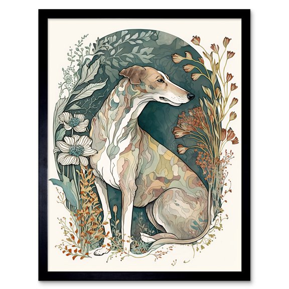Greyhound Dog in Flower Field Modern Pastel Boho Watercolour Illustration Art Print Framed Poster Wall Decor 12x16 inch