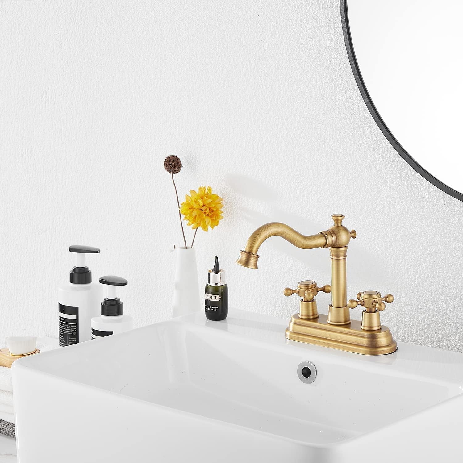 Antique Brass Bathroom Faucet - 2 Handles, 4 Inches Centerset, RV Vanity With Drain Assembly and Supply Hose - Lavatory Mixer Double Handle Tap