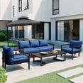 thumbnail image 2 of Modern 4-Piece Patio Furniture Set, Outdoor Sectional Sofa Set Steel Conversation Set with Loveseat, 2 Armchairs and Coffee Table, All Weather Metal Frame Chair Set with Blue Cushions, 2 of 9