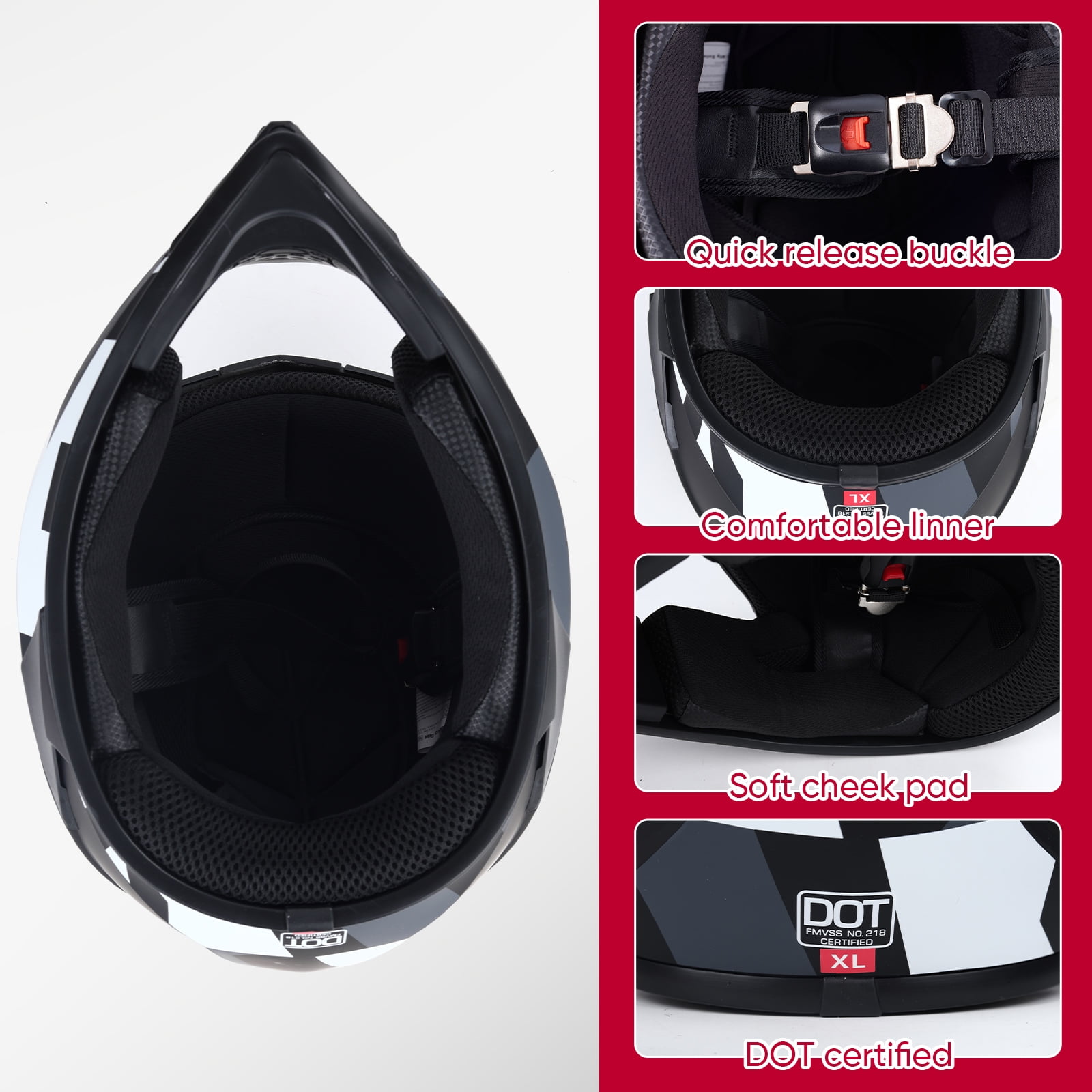 Motorcycle Full-Face Adult Helmet, DOT Approved Motocross ATV Offroad Dirt Bike Helmet, L Size, Black