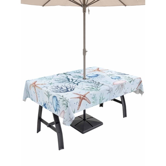 60x120 Inch Outdoor Tablecloth with Umbrella Hole Zipper Rectangle Blue Coastal Rectangular Tablecloths Outside Waterproof Ocean Nautical Coral Starfish Patio Table Cloth Cover for Picnic Party