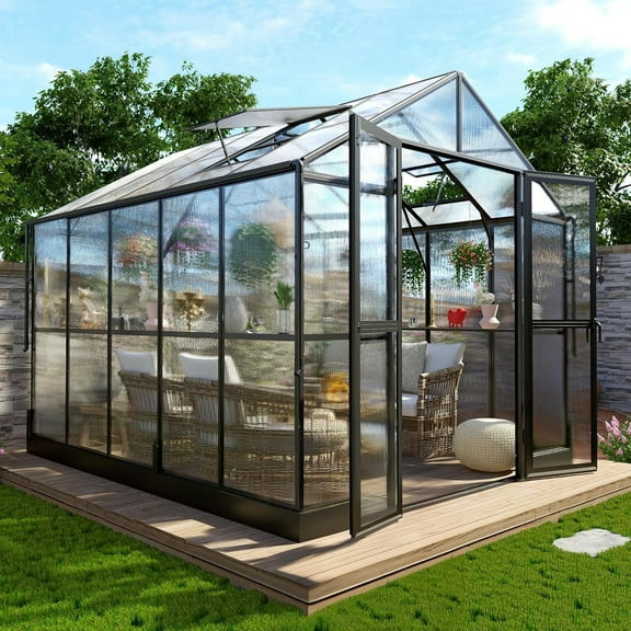 Jocisland 8x10x7.5 ft Aluminum Greenhouses for Outdoors,Polycarbonate Greenhouse with 2 Vents Lockable Swing Door Rain Gutter,Walk-in Greenhouse For Backyard Plants, Black