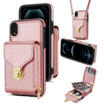 Feishell Crossbody Wallet Case for Apple iPhone XR,with Detachable Shoulder Strap,Premium PU Leather Metal Snap Zipper Pocket Credit Card Holder Kickstand Phone Case for Women Men,Rosegold
