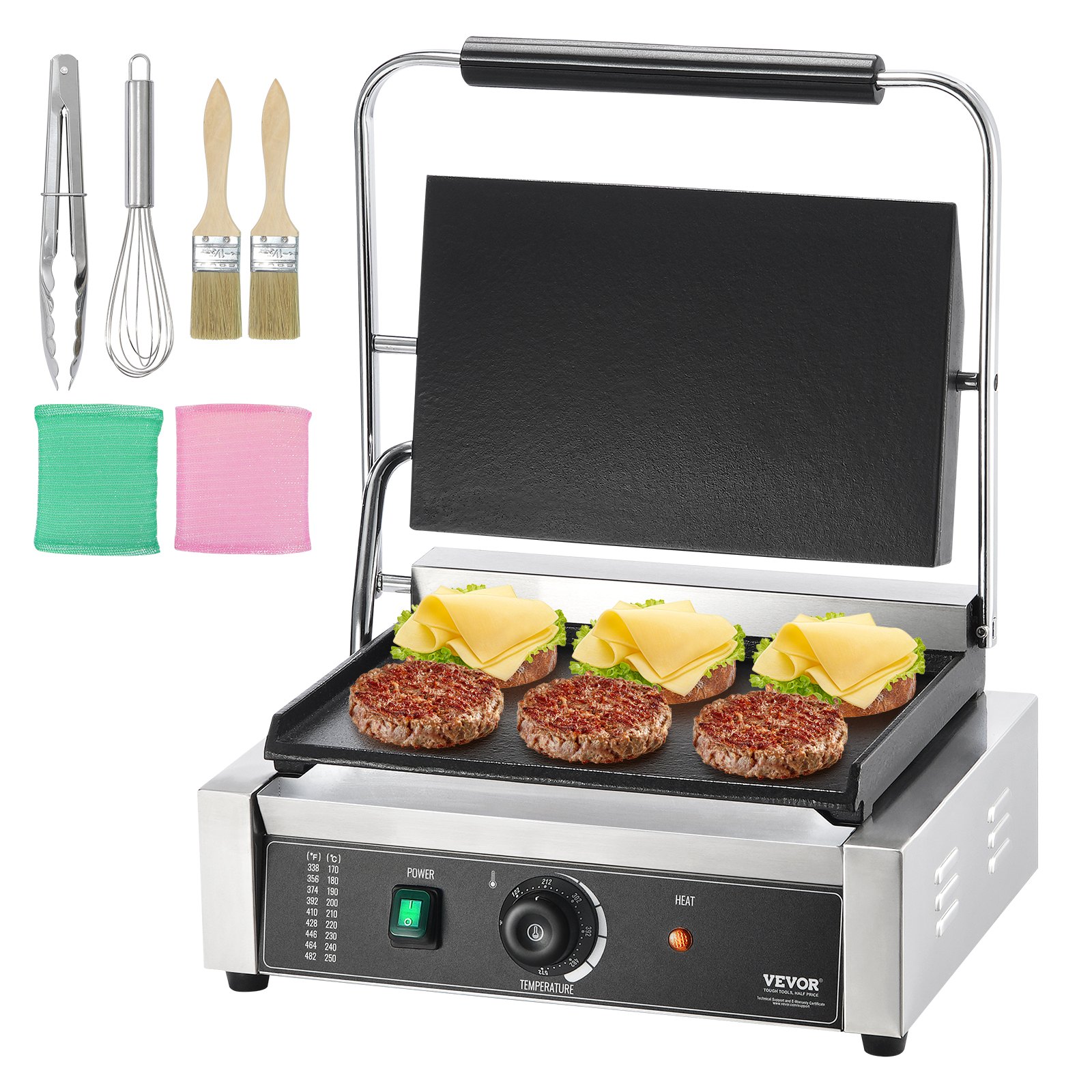 VEVOR Commercial Panini Press Grill, 14"x9" Electric Sandwich Maker Griddle Plate