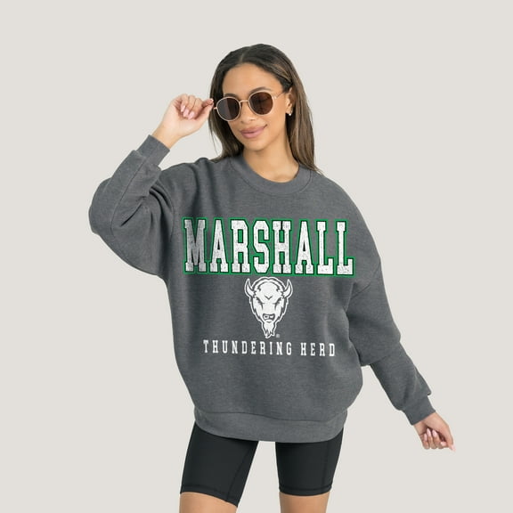 Women's Gameday Couture  Heather Charcoal Marshall Thundering Herd Oversized Distressed Fleece Pullover Sweatshirt