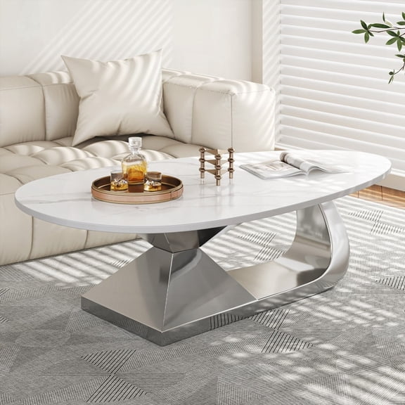 Modern Sintered Stone Coffee Table with Stainless Steel Base - Stylish and Durable Living Room Centerpiece