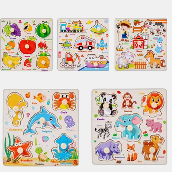 KOYPTL Wooden Peg Puzzles For Toddlers 2-4 3-5 Year Old Boys Girls,5 Pack Animals Educational Learning Sensory Toys Enhance Learning Skill Montessori Toys,Fruit Traffic Farm Ocean And Animals Puzzles