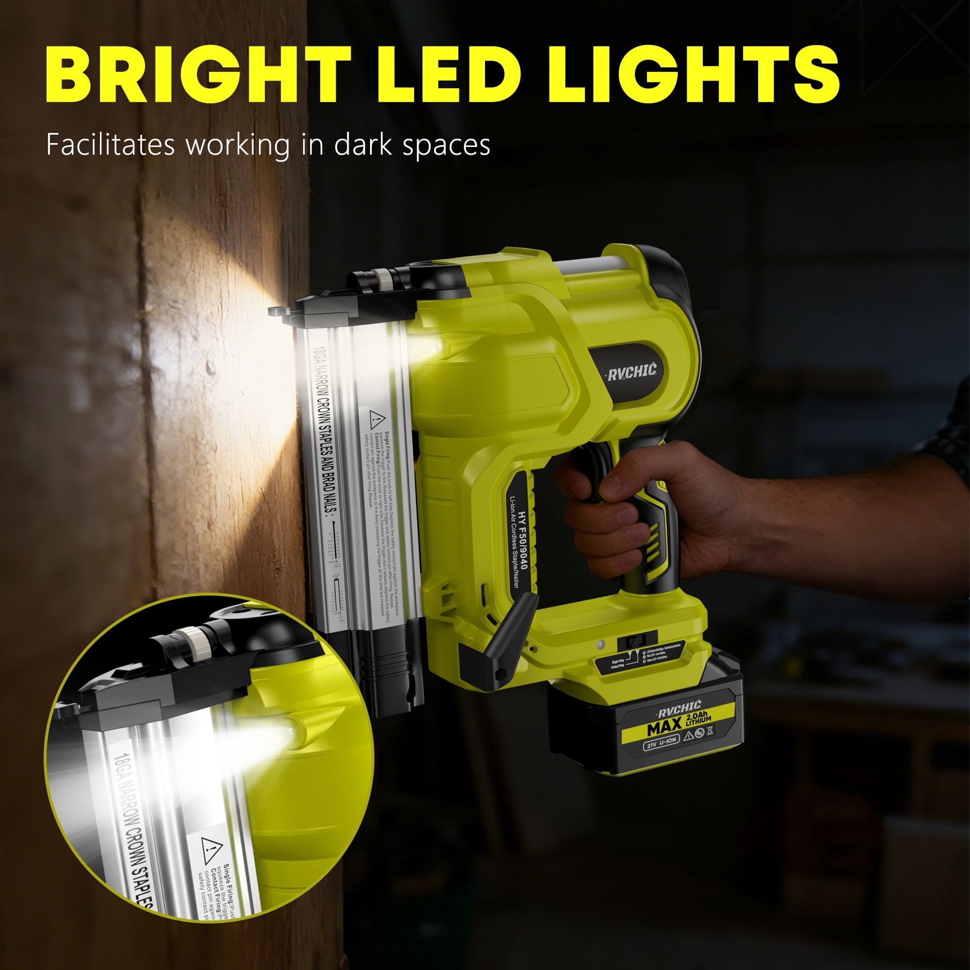 Rvchic 18GA 2-in-1 Cordless Brad Nailer with 2 * 2.0Ah Battery& 1000pcs Nails,for Woodworking,Home Improvement,Green