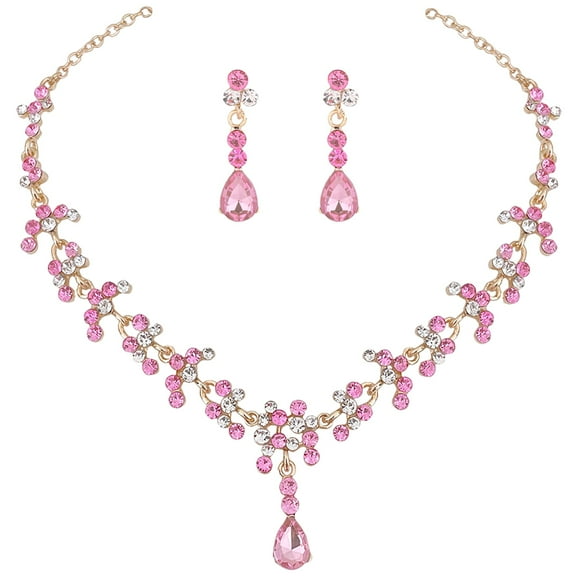 ELAYARD 1 Set Delicate Drop Shape Necklace Earrings Set Pink Jewelry for Women