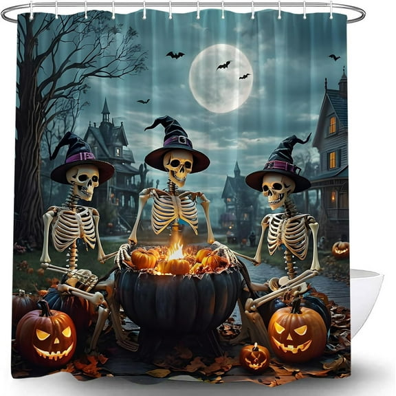 Funny Halloween Shower Curtain Trick or Treat Skull Witchy Party Courtyard Skeleton Day Death Gothic Spooky Night Castle Dead Tree Moon Crow Raven Pumpkin All Saints Bath Curtain 60x72in