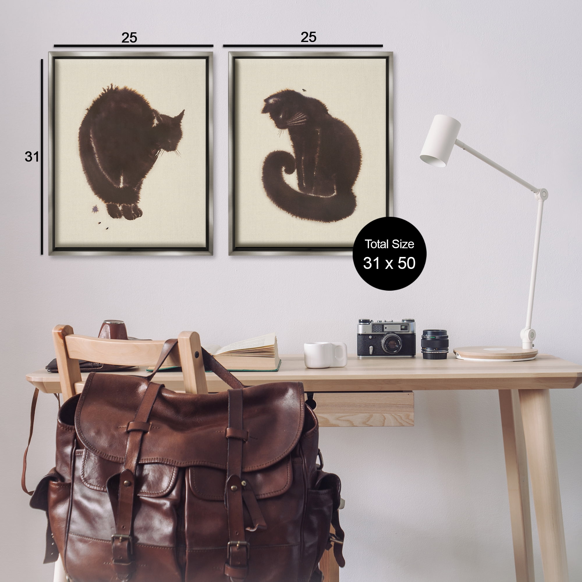 Stupell Industries Simple Cats on Beige Animals Painting Gray Floater Framed Canvas Art Print Wall Art, 31 x 25, Set of 2