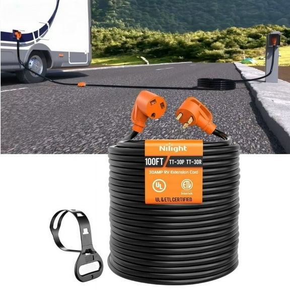 UL Listed 30 Amp 100 Feet RV Extension Cord, Heavy Duty 10 Gauge 3 Prong STW Pure Copper Wire with Grip Handle, TT-30P Male to TT-30R Female with Cord Organizer for RV Trailer Campers