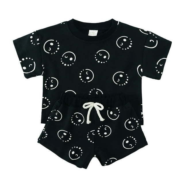Boys Tshirts Kids Summer Short Sleeve Cute Print T Shirt Drawstring Shorts Set Black 6-12 Months