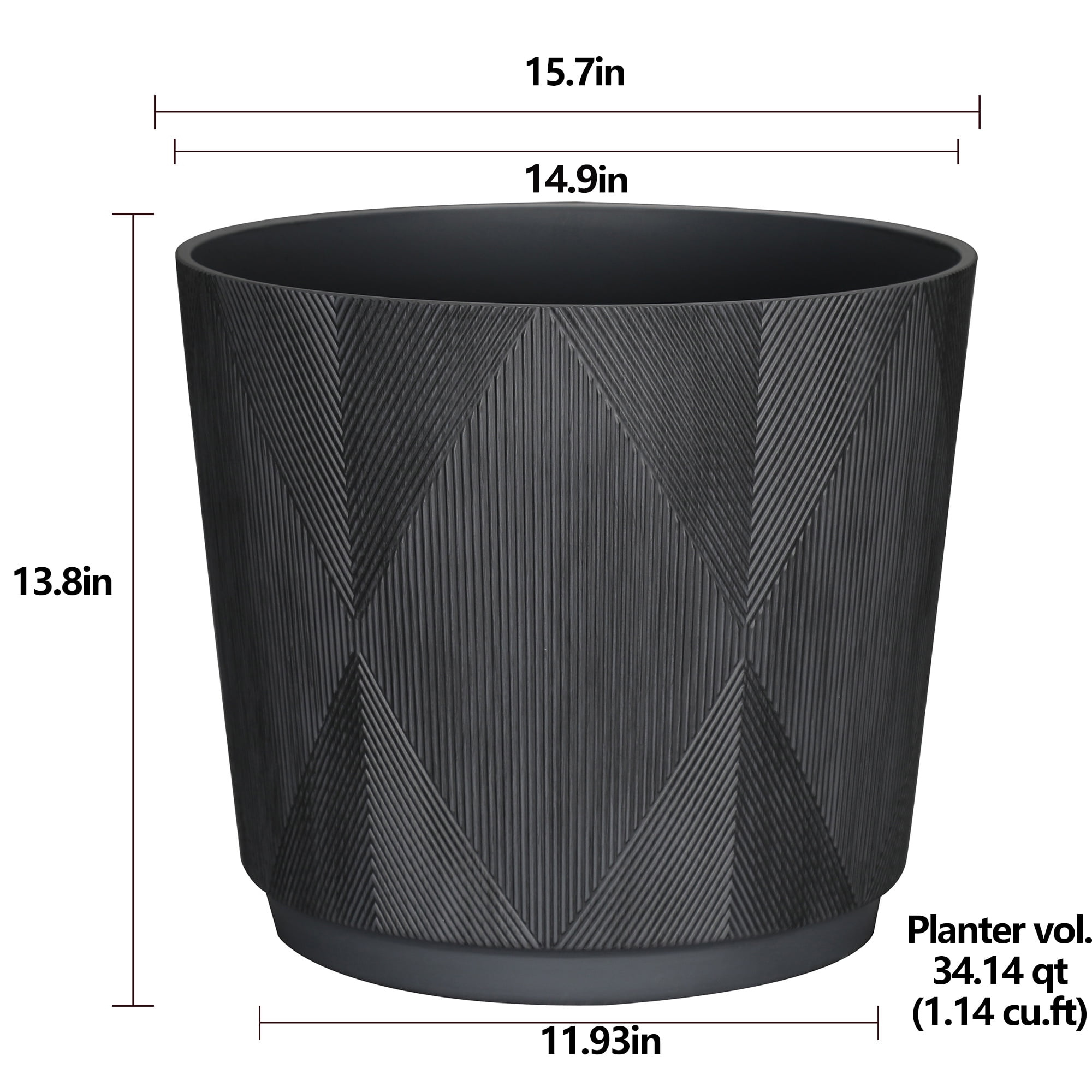 (2 pack) Better Homes & Gardens Hudson Black Resin Planter, 15.7" Dia x 13.8" H