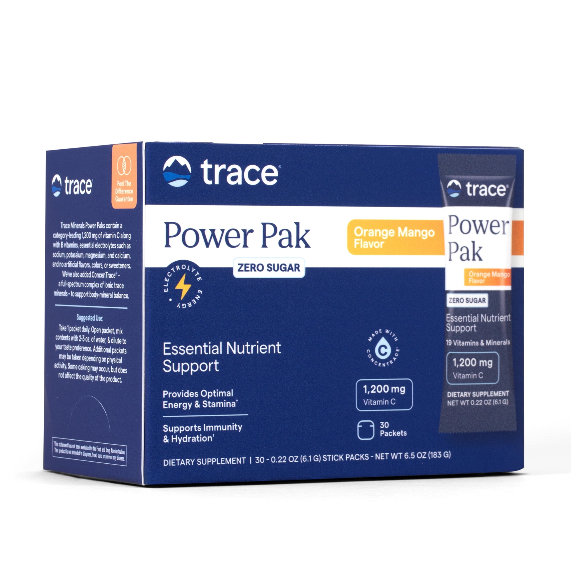 Trace Minerals Power Pak Energy Drink Mix, Orange Mango, 30 Ct, 1,200 mg vitamin C with zinc and magnesium. Promotes immunity, energy, and hydration. No artificial dyes.