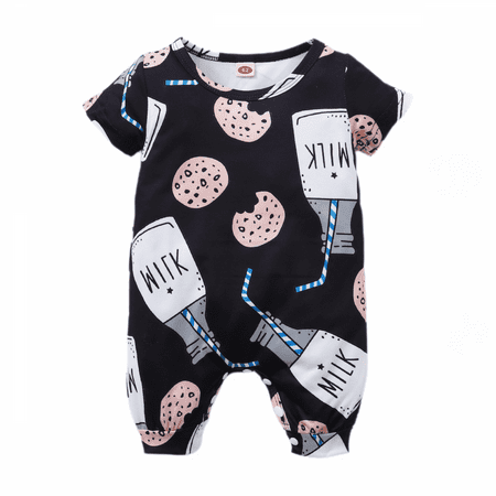 

Wish Baby Boy Girl Zipper Pajamas Summer Short Sleeve Cotton One-Piece Bodysuit Romper --- Black（Size 68） S554
