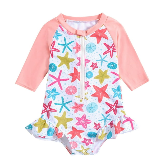 Baby Girls Rash Guard Swimsuits Floral Printing Long Sleeve Sun Protection Girls Beach Bathing Suit 6-12 Months