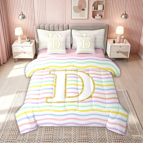 meiyoeat Glitter Letter D Twin Bedding for Girls Kids, Rainbow Initial Bedding Comforter Set, Pastel, Pink Reversible, 7 Pieces