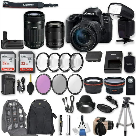 Canon EOS 77D DSLR Camera with EF-S 18-135mm f/3.5-5.6 IS USM Lens + EF-S 55-250mm f/4-5.6 IS STM Lens + 2Pcs 32GB Sandisk SD Memory + Universal Flash + Battery Grip + Filter & Macro Kits +