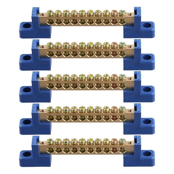 Terminal Block Blue Terminal Bus Bar 10 Positions Screw Brass Terminal Grounding Strip Bus Bar Block Pack of 5,5 * Terminal Blocks,Blue&gold