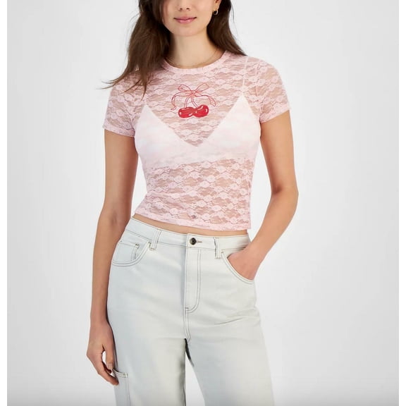 Ultra Flirt Juniors' Graphic Lace Tee - Ballet Slipper - MUS