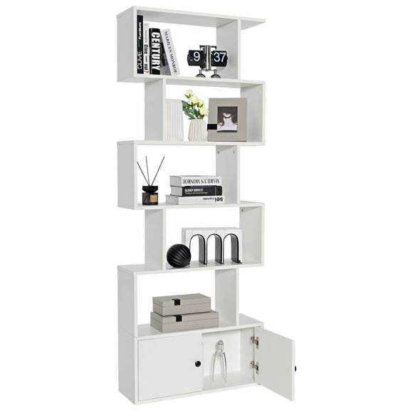 Costway 1 PC Bookshelf w/Cabinet 6-Tier S-Shaped Bookcase Storage Rack White