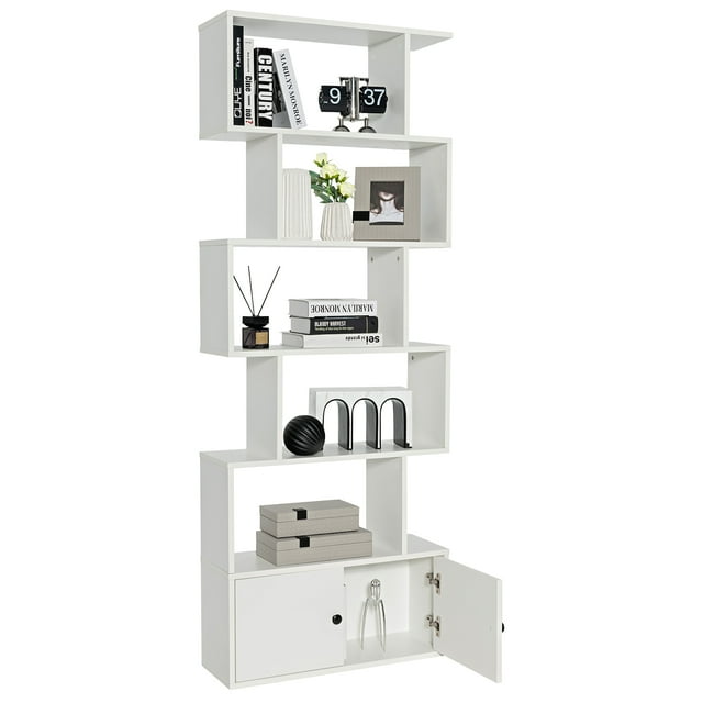 Costway Bibliothèque 1 Pce avec Armoire, Étagère à Livres en S à 6 Niveaux, Support de Rangement, Blanc