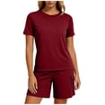 thumbnail image 2 of Women's 2 Piece Home Wear Crew Neck Short Sleeve Tops Elastic Waist Pockets Shorts Summer Comfy Lounge Sets (XL, Wine), 2 of 6