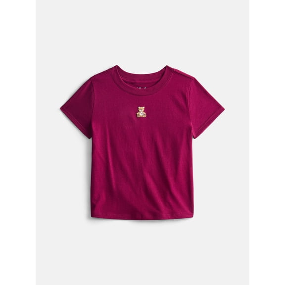 Wonder Nation Girls' Embroidered Icon Tee with Short Sleeves, Sizes 4-18 & Plus