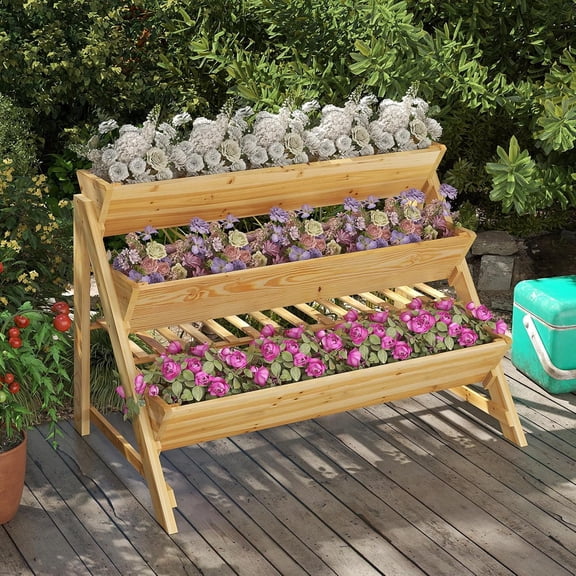 3-Tier Raised Garden Bed, Elevated Gardening Bed w/2 Side Hooks, Storage Shelf, Bed Liner, Garden Planter for Flowers, Vegetables, Herbs, Pine Wood Planter Box for Patio, Balcony, Porch