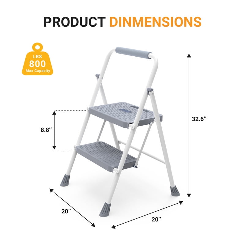 Gianna Step Ladder, 2 Step Stool Foldable with Anti-Slip Pedal & Comfortable Handrail, 800lbs Capacity Sturdy Steel Ladder, Portable Heavy Duty Step Stool for Kitchen, Garage & Outdoor Use, Grey