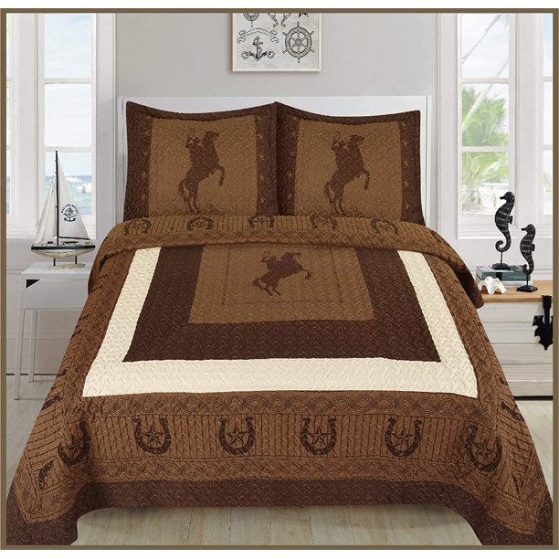 Sapphire Home 3 Piece Queen Size Quilt Bedspread Set W 2 Pillow Shams Western Design Collection Wild Horse Country Horseshoe Star Cowboy Design Queen Western Coffee Dark Brown Beige Walmart Com Walmart Com