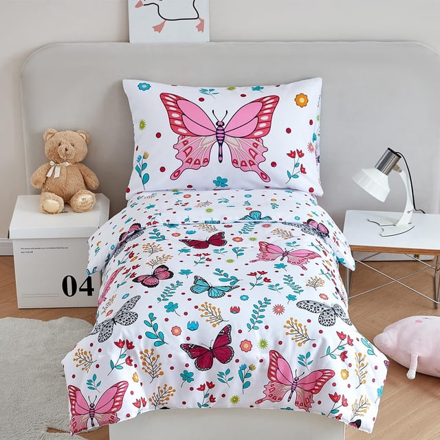 Ropa de cama PERFEMET para niñas pequeñas, 4 piezas, mariposas, rosas y florales