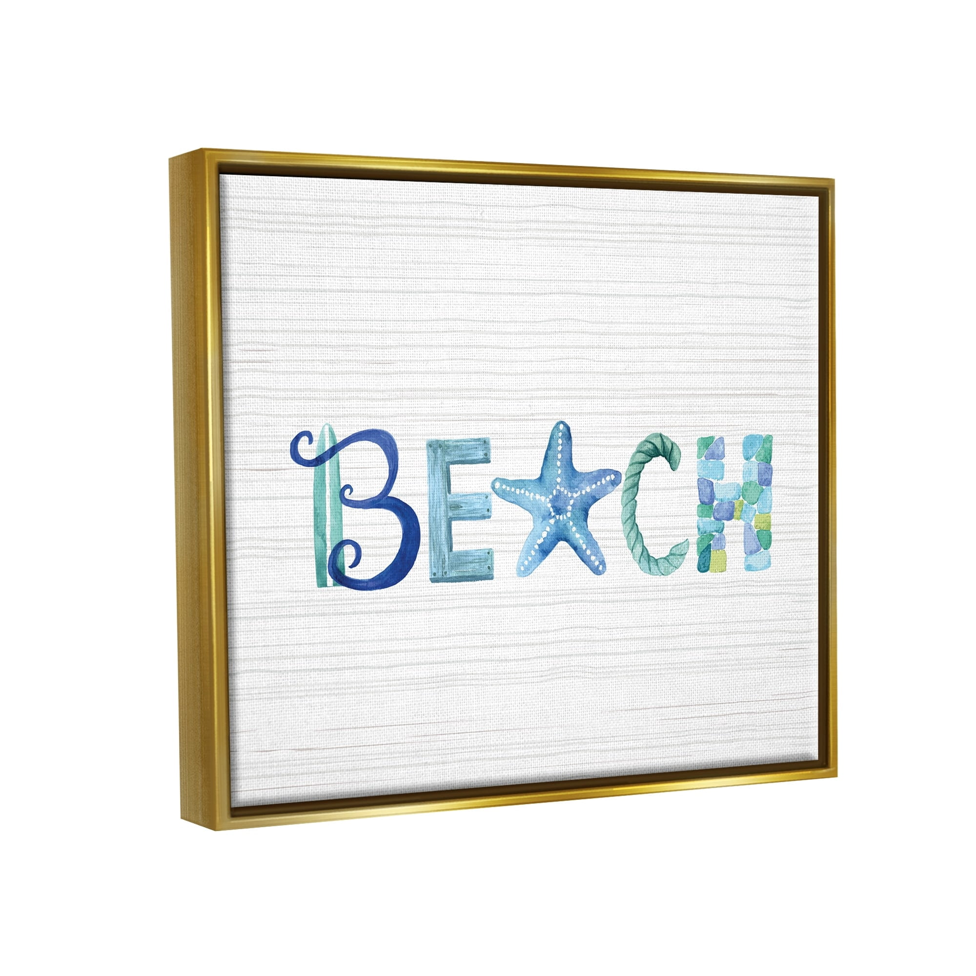 Stupell Industries Beach Letters Typography Sea Life Pebbles Rope Graphic Art Metallic Gold Floating Framed Canvas Print Wall Art, Design by Sharon Lee