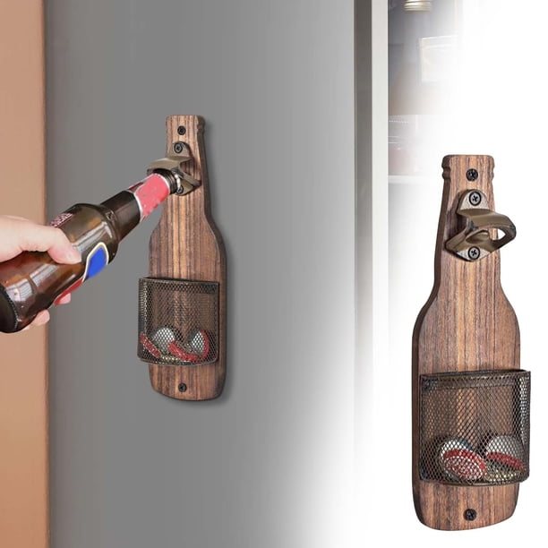 Abridor de botellas de madera de pared con cesta de hierro forjado | Decoración rústica para cocina y bar | Fácil instalación | Construcción en madera natural y hierro