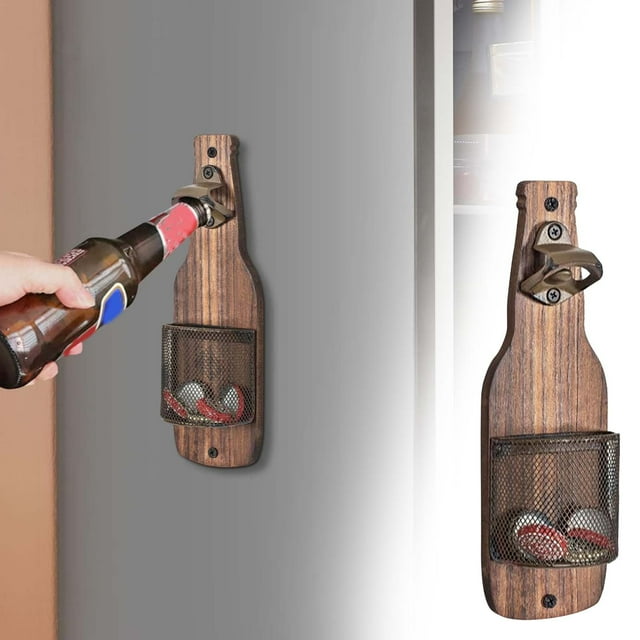 Abridor de Botellas de Madera para Pared, Decoración de Restaurante, Cesta de Hierro Forjado para Guardar Botellas, Abrelatas de Madera Maciza para Pared.