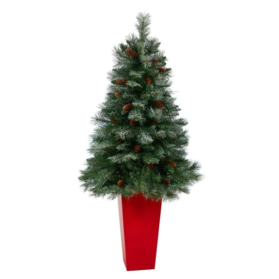 Nearly Natural 55" Snowed Pine Artificial Christmas Tree in Planter, with 237 Bendable Branches and Pine Cones