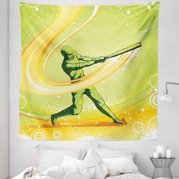 Cartoon Tapestry, Baseball Player Hits Ball Batter Athlete Pitcher League Team Illustration, Fabric Wall Hanging Decor for Bedroom Living Room Dorm, 5 Sizes, Green Yellow, by Ambesonne