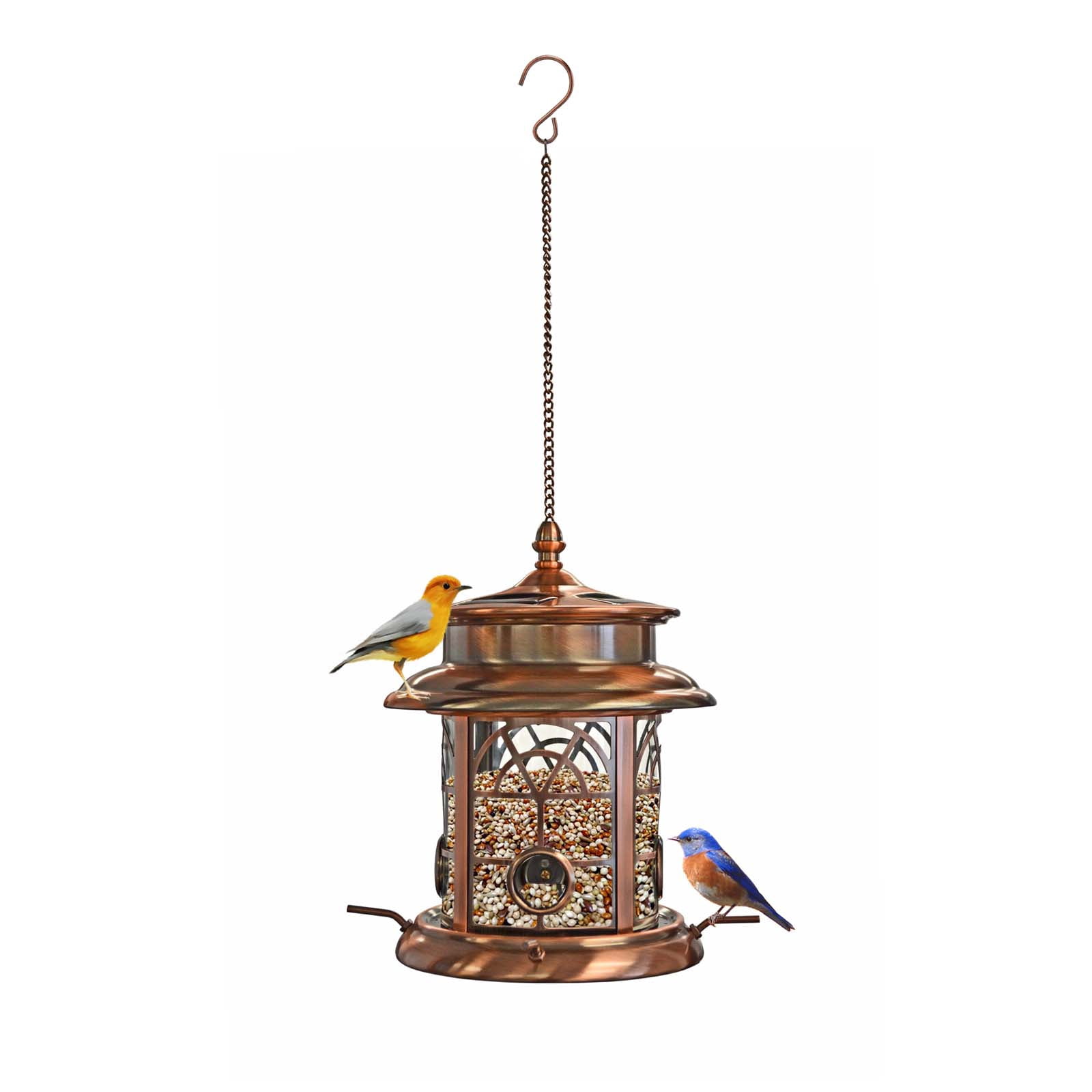 Westcharm Squirrel Proof Solar Birdfeeder for Wild Song Birds | Arched Lattice Solar LED Hanging Bird Feeder for Outside Garden, Antique Copper