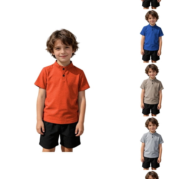RTKFRFLM Boys Stand Collar T-Shirt Smart Casual Plain Solid Color Neck Short Sleeve Summer Henley Base Layer 6-13Y