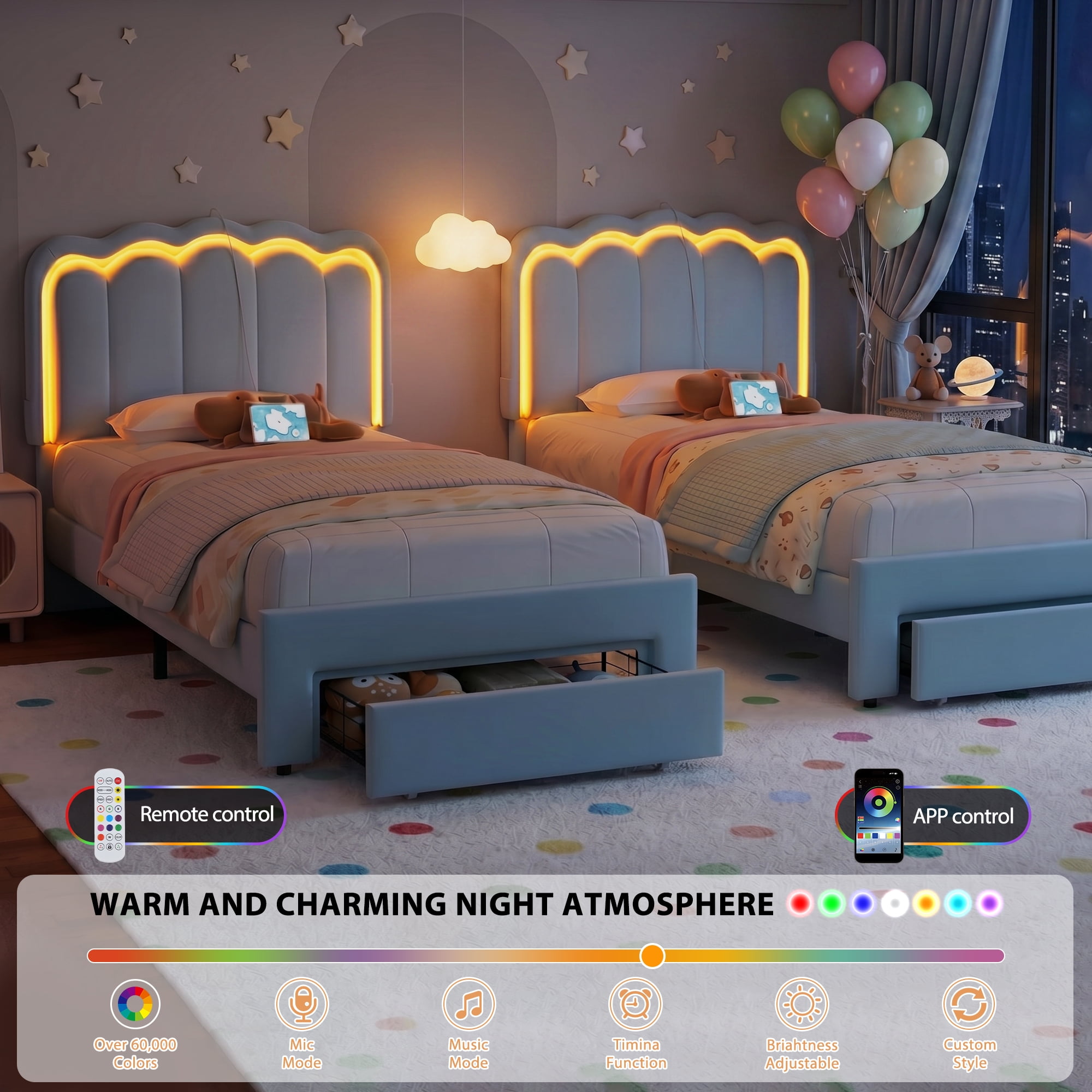 Hijob Twin Size LED Bed Frame for Boys/Kids with Storage Drawers, Velvet Upholstered Platform Bed with Adjustable Headboard, Built in Charging Station, Blue