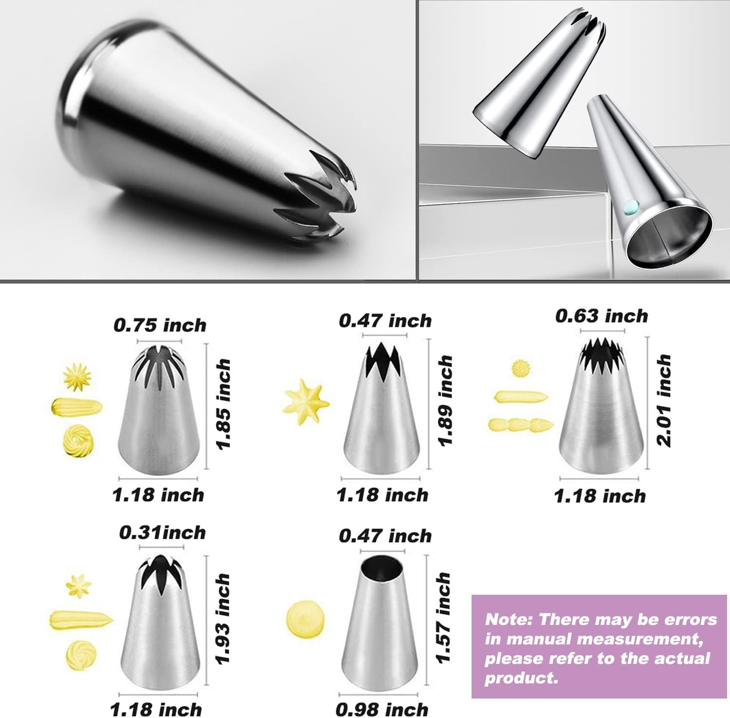 Suuker 5 pcs/set Large Piping Set,Stainless Steel Decoration Nozzles Tip,Pastry Baking Tools For Cupcakes Cakes Cookies Decorating(Silver)