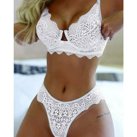 

XHJUN Lingerie Sets for Women Sexy Sexy Embroidered Mesh Underwired Push Up Bra and Panty Lingerie Set White XL