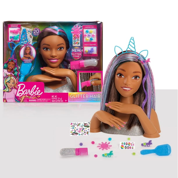 Barbie Deluxe 20-Piece glitter and go Styling Head - Brown Hair, by Just  Play