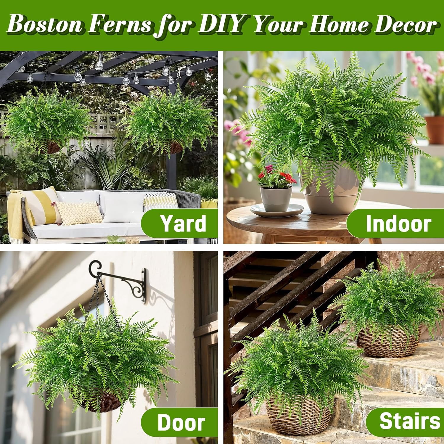 Yastouay Artificial Hanging Ferns Fake Boston Ferns with Basket Outdoor Faux Plants for Home Garden Porch Decor,2 Pcs