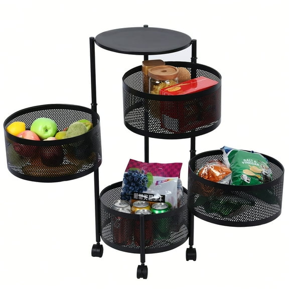 3/4/5-Tier Rotating Kitchen Rack - Metal Fruit/Vegetable Organizer with Wheels - Large Black Storage Cart for Pantry