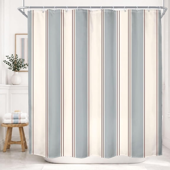 Striped Shower Curtain Blue and Off White Waterproof Fabric Bathroom Curtain with Hooks 71x71 inches